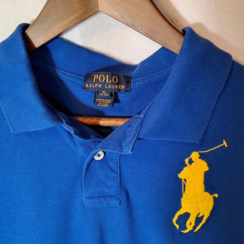 Polo Ralph Lauren Mens Big Pony Polo Shirt Blue Yellow XL 18-20 Short Sleeve - Picture 3 of 6